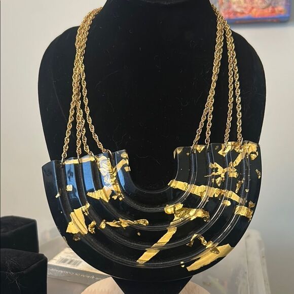 Vintage 80's Lucite Black and Gold Statement Necklace - Picture 1 of 6